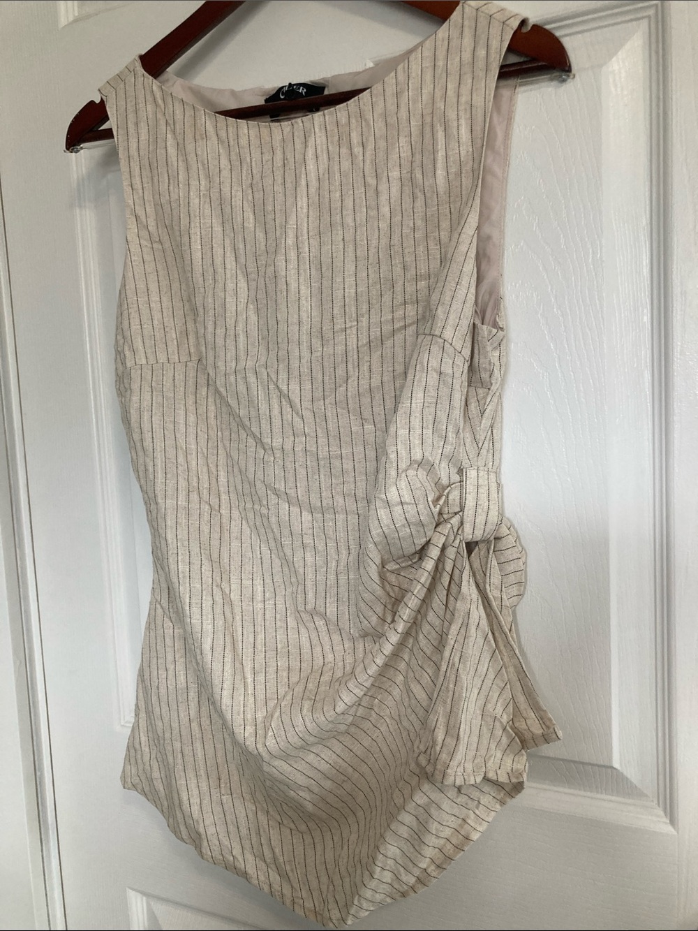 Cider Sleeveless Pinstripe Tie-Detail Blouse in Light Beige